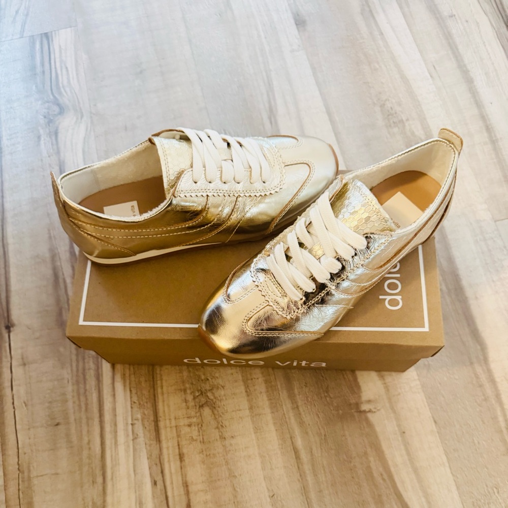 Women’s Dolce Vita Delany Light Gold Metallic Sneakers - Picture 2 of 6